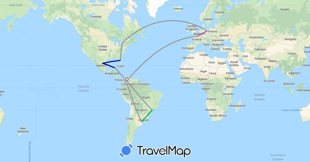 TravelMap itinerary: driving, bus, plane, train in Argentina, Brazil, Canada, Colombia, Germany, France, Mexico, United States (Europe, North America, South America)